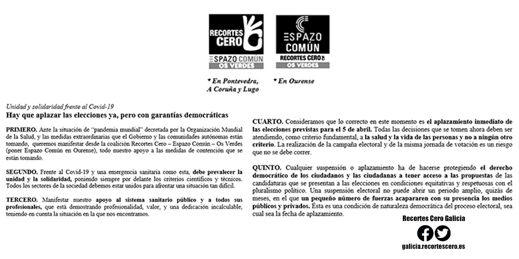 R0 pide aplazar elecciones gallegas