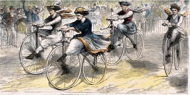 mujer bicicleta antigua