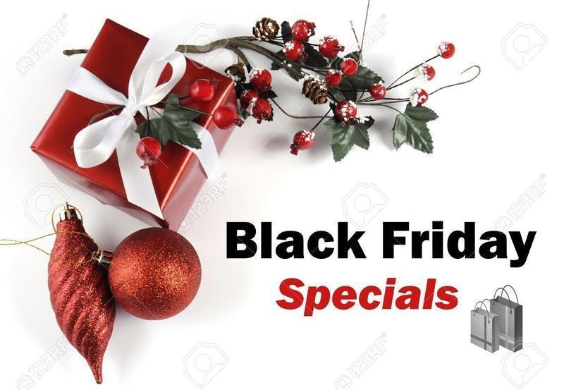 Black Friday Specials sale message greeting with Christmas gift and decorations on White background.