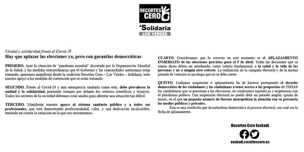 R0 pide aplazar elecciones vascas
