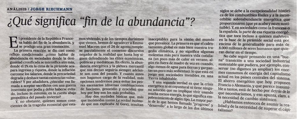 Facsímil de la publicación de su artículo en EL PAÍS que ofrece Riechmann en su web