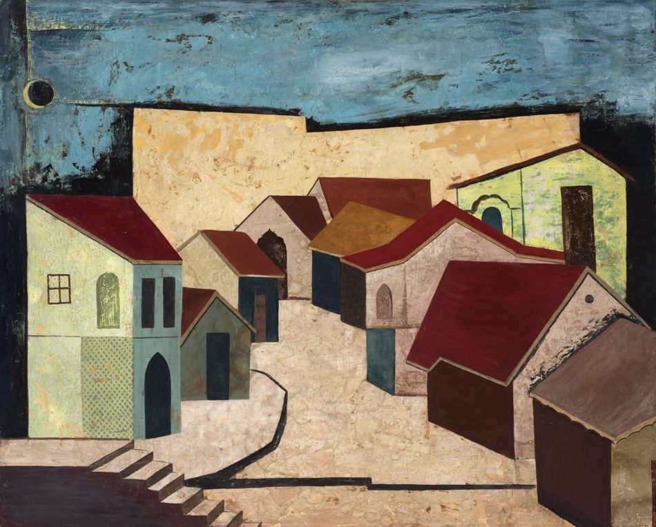 Ali Imam (Pakistán), Untitled (Deserted Town with a Black Sun) [Sin título (Ciudad desierta con sol negro)], 1956