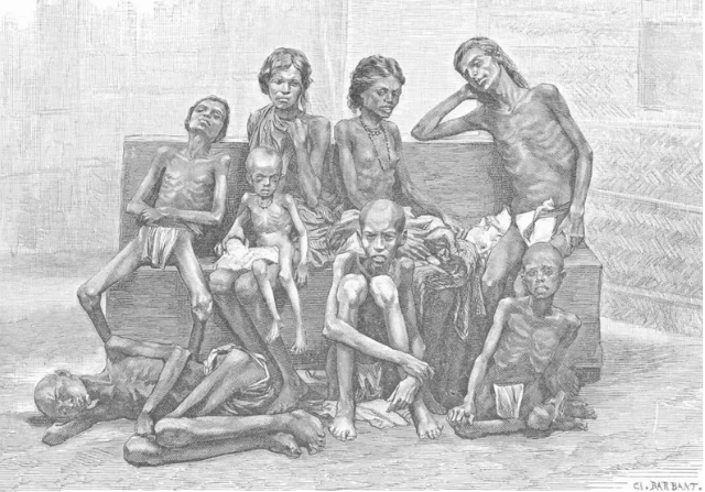 Un grabado antiguo de las víctimas de la hambruna en India, 1885