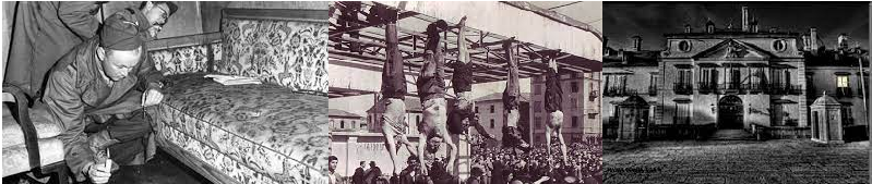 SOVIÉTICOS EXAMINAN EL SOFA DONDE SE SUICIDIÓ EL MATRIMONIO HITLER/BRAUN  - LA PAREJA MUSSOLINI/PETACCI PENDE CON OTROS FASCISTAS EN PIAZZALE LORETO DE MILAN- LA "LUCECITA" QUE MANTENÍAN ENCENDIDA EN EL PARDO, MIENTRAS EL MATRIMONIO FRANCO/POLO DORMÍA PLÁCIDAMENTE