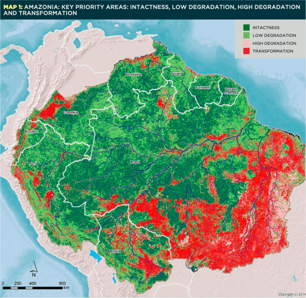 AMAZONIA Mapa de la Amazonia que muestra las áreas consideradas intactas (verde oscuro), con baja degradación (verde claro), alta degradación (rosado) y ya en transformación (rojo). Detener la degradación es posible, peqro requiere medidas urgentes por ejemplo para frenar la deforestación. Imagen: Raisg