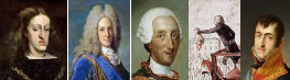 CARLLO II, FELIPE V, CARLOS III, LUIS XVI GILLOTINADO, FERNANDO VII