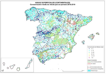 Concentración media de nitratos en aguas superficiales contintentales en el período 2016-2019. Fuente: Miterd