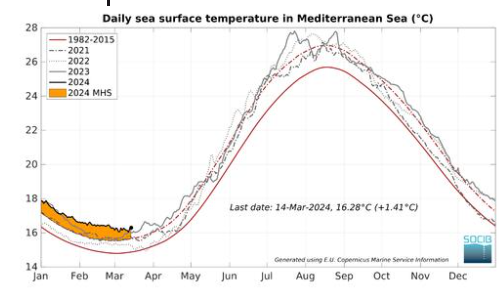 Evolución de la temperatura de la superficie del Mar Mediterráneo hasta el 16 de marzo. Fuente: Socib/Copernicus