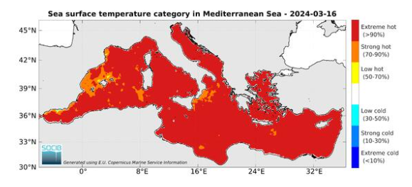 Categorización de la SST en el Mediterráneo a 16 de marzo. La práctica totalidad del mar está catalogada como "extremadamente cálida". Fuente: Socib/Copernicus