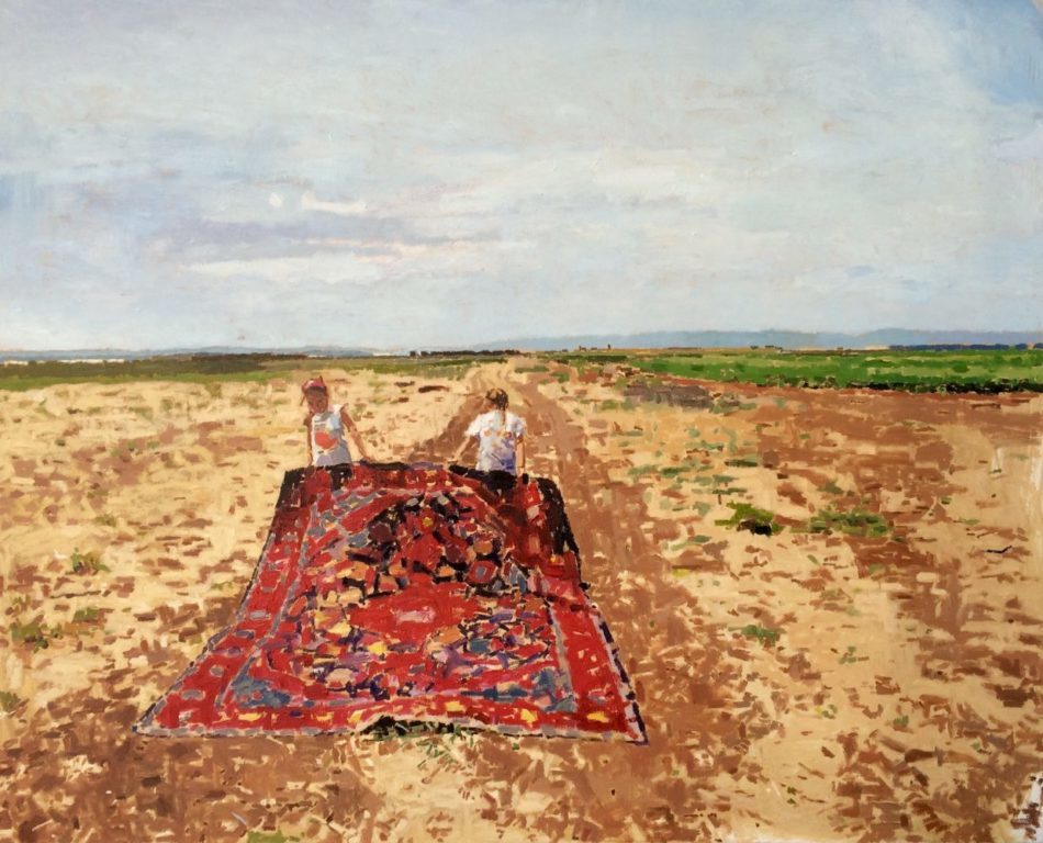 Fatma Shanan (Palestina), Dos niñas sosteniendo una alfombra, 2015.
