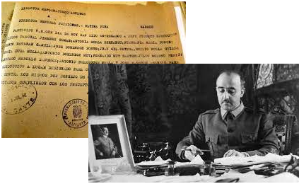 FRANCO FIRMANDO SENTENCIAS DE MUERTE, DESPUÉS DE ALMORZAR, FRENTE A UNA FOTO DE HITLER