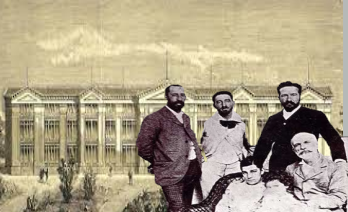 )Francisco Giner de los Ríos con su nuera y nieto, y su hijo Alberto, acompañados de los señores Rubio y Cossio