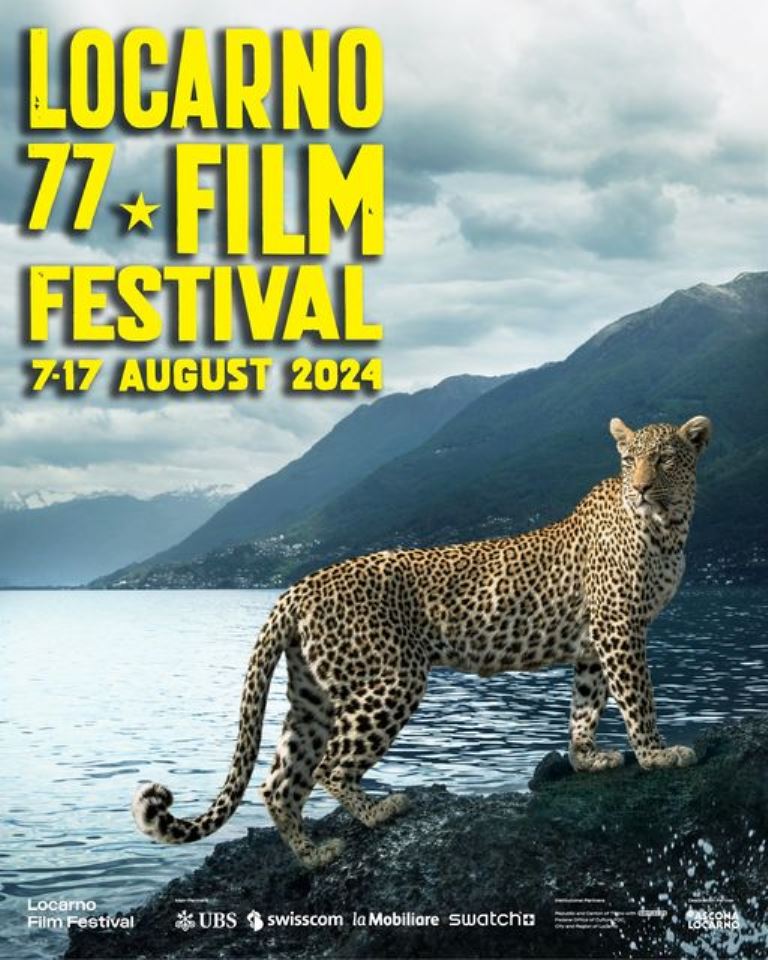 Afiche de la 77 edición del Festival de Cine de Locarno_ Con el transfondo de esa ciudad alpina y la imagen de un leopardo, símbolo del festival y figura de la estatuilla de los premios