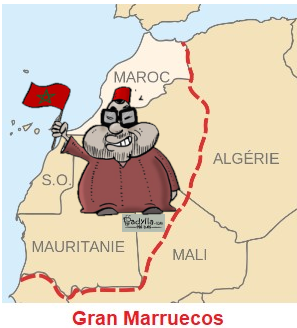 EL SÁTRAPA MARROQUÍ, CARICATURIZADO POR PADYLLA, SOBRE UN MAPA DEL "GRAN MARRUECOS"