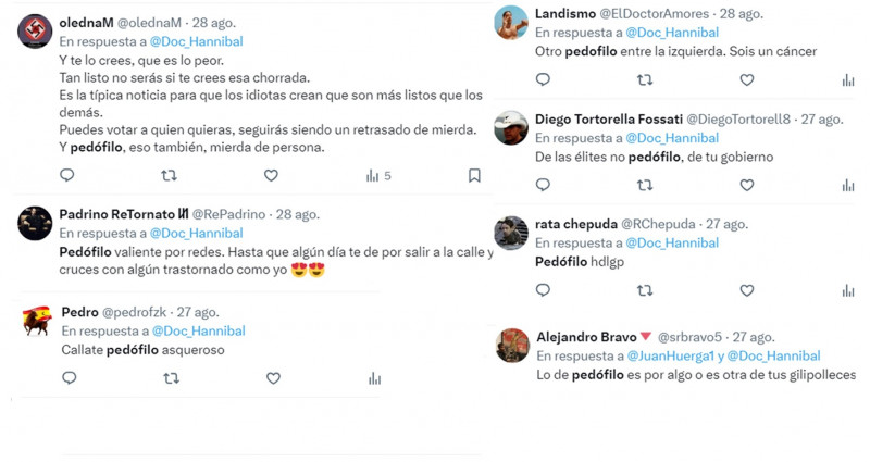 Pantallazo extraído de las redes sociales en el que se muestran algunos de los insultos y acusaciones falsas que ha sufrido el usuario @Doc_Hannibal.