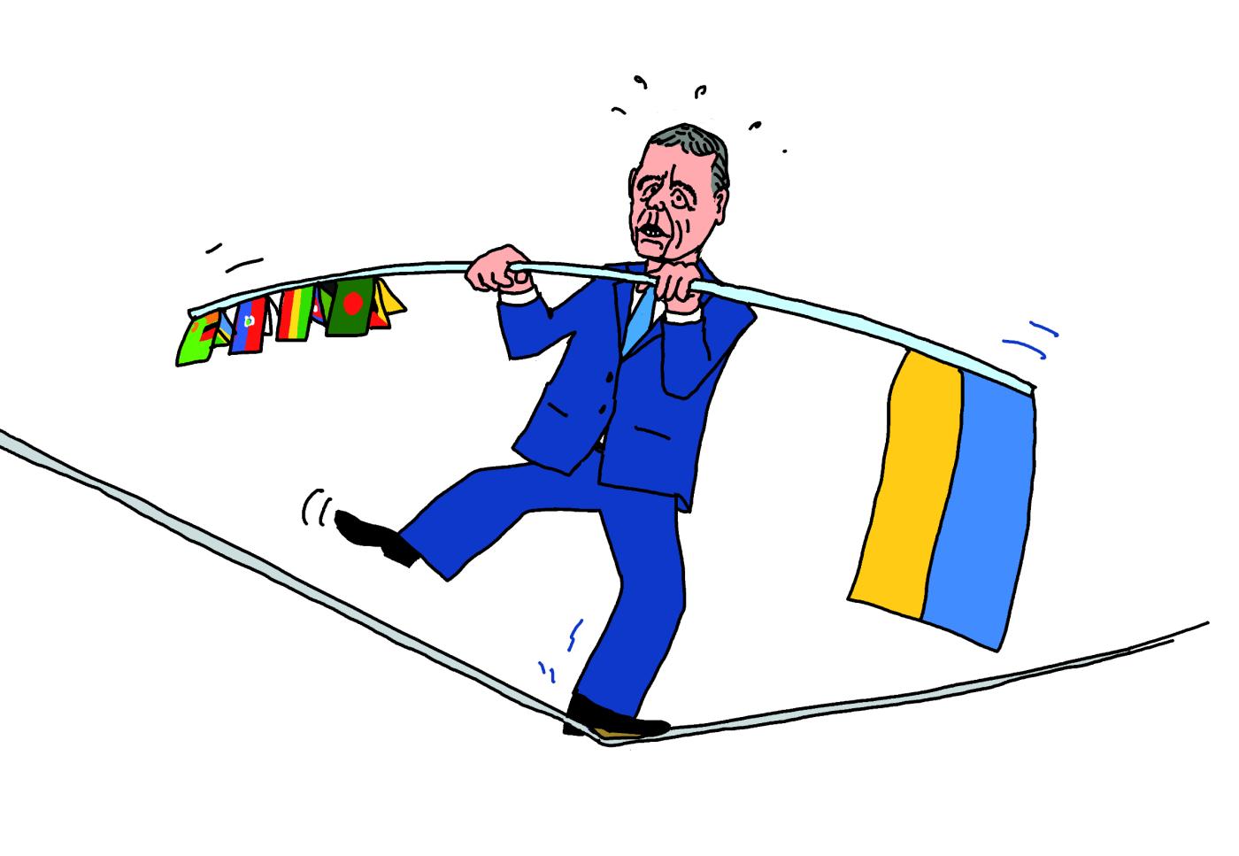 El ministro suizo de relaciones internacionales Ignazio Cassis en un delicado equilibrio entre el apoyo a Ucrania y la cooperación con el resto de países Caricatura de  Ruedi Widmer