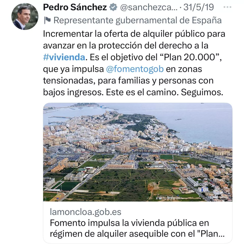 SÁNCHEZ EN X-TWITTER, SOBRE VIVIENDA 2019