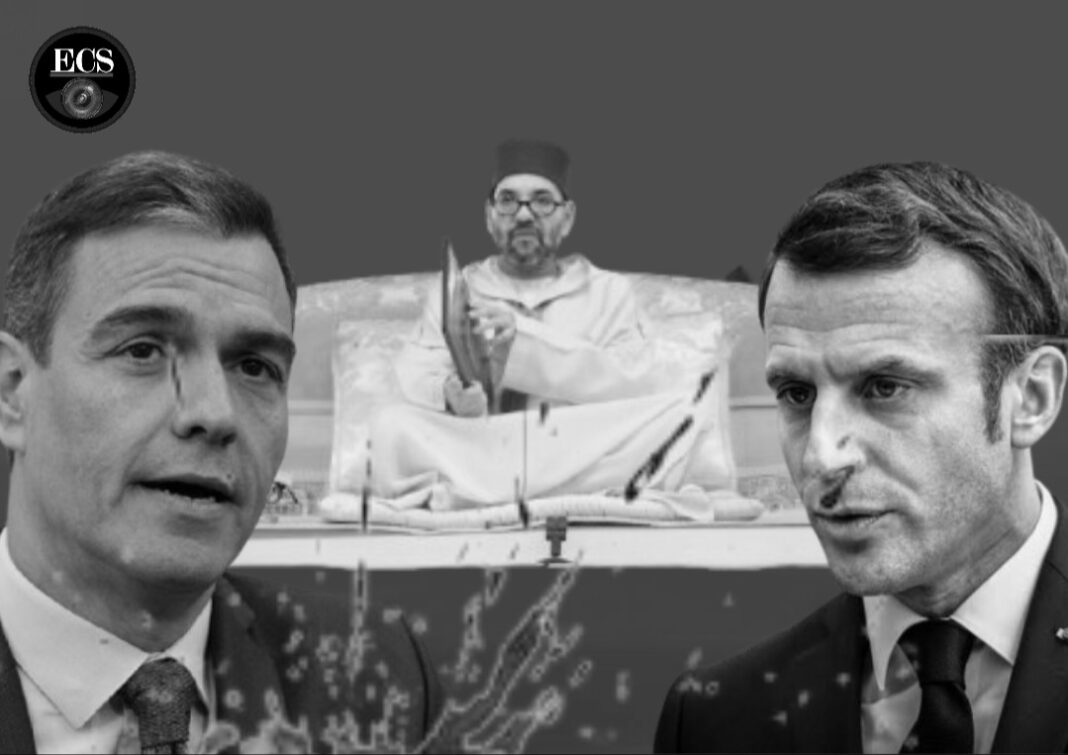 El rey de Marruecos, Mohamed VI, junto con sus colegas de España y Francia; de derecha a izquierda; Emmanuel Macron y Pedro Sánchez. Foto ilustrativa editada por ECS.