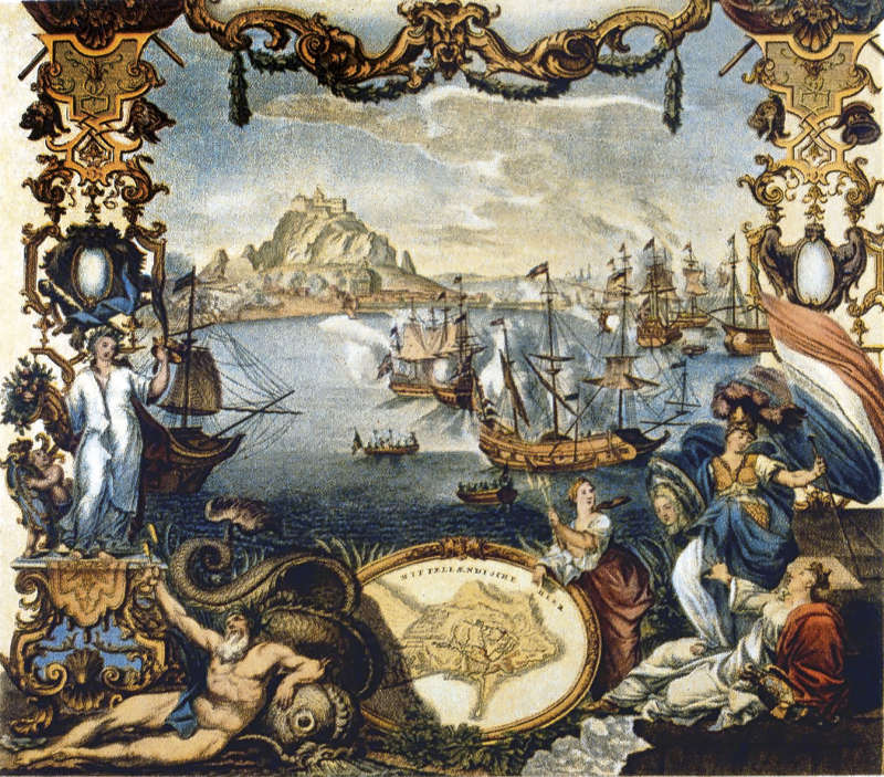 La rendición de Gibraltar al archiduque Carlos, en agosto de 1704, grabado de Johann August.