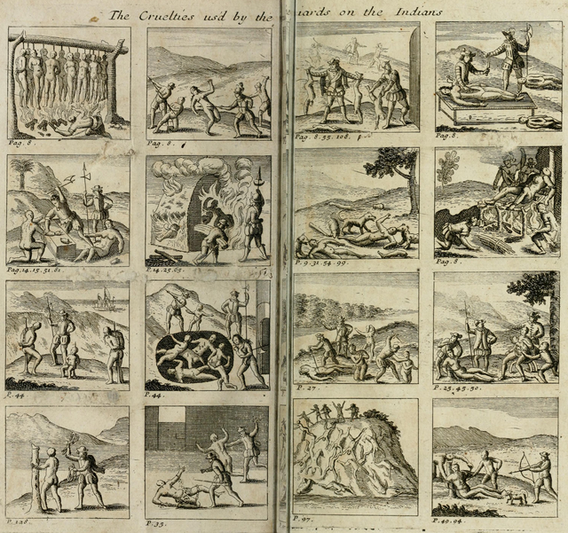Crueldades de los españoles contra los indios en América, páginas 16-17 de Bartolomé de las Casas WIKEMEDIA COMMONS