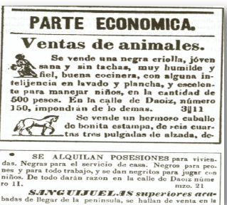 Anuncio clasificado de 1839 en el que se pone a la venta una negra criolla en La Habana, Cuba