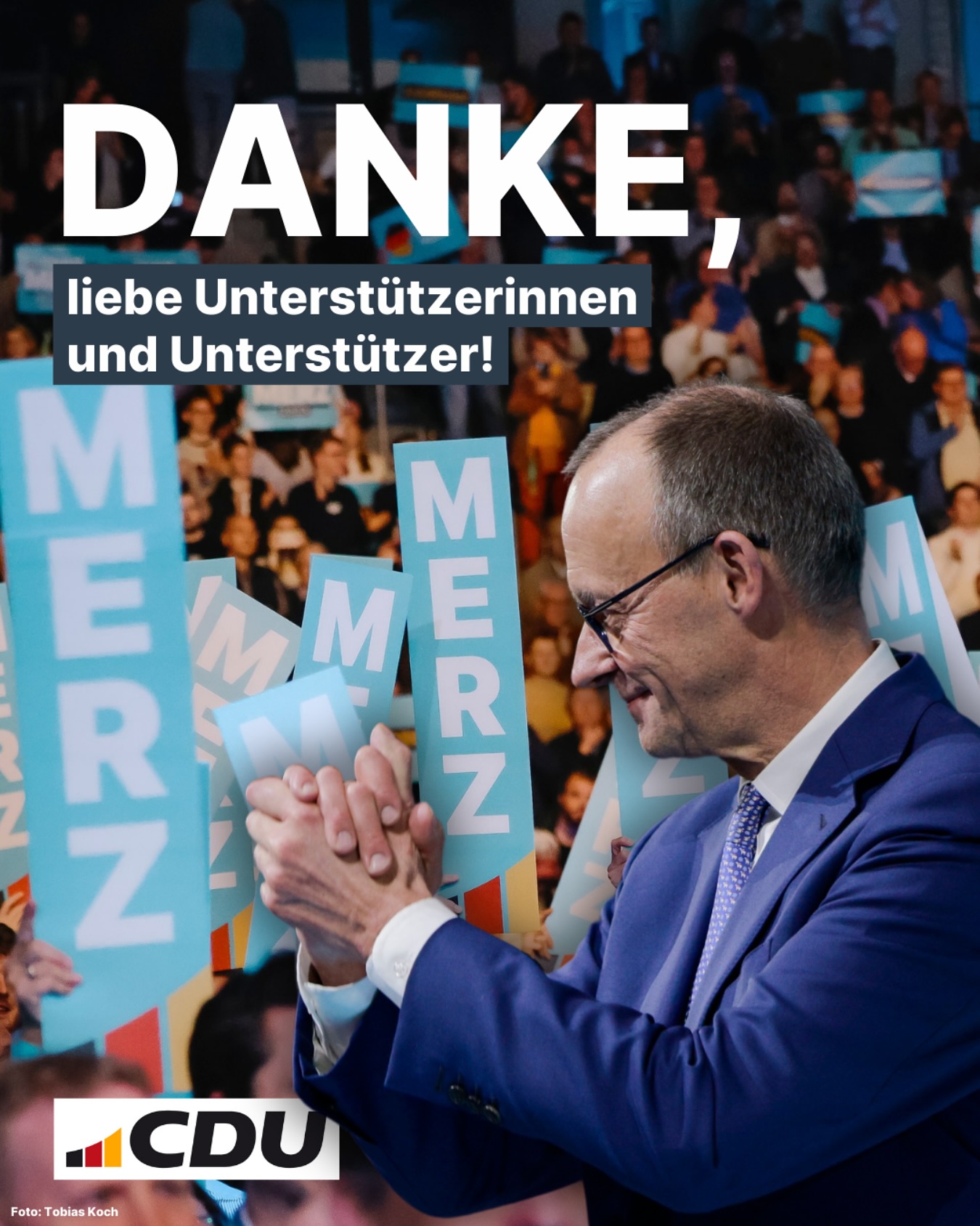 Afiche de agradecimiento post electoral de Friedrich Merz candidato a canciller por la CDU, primera fuerza política de Alemania