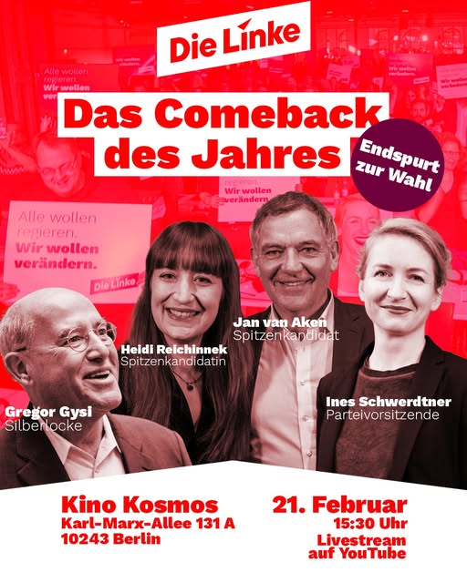 La Izquierda  obtuvo casi el 9 por ciento de los votos en las recientes elecciones en Alemania causando una de las sorpresas de los comicios. Afiche de un acto de cierre de campaña en Berlín.