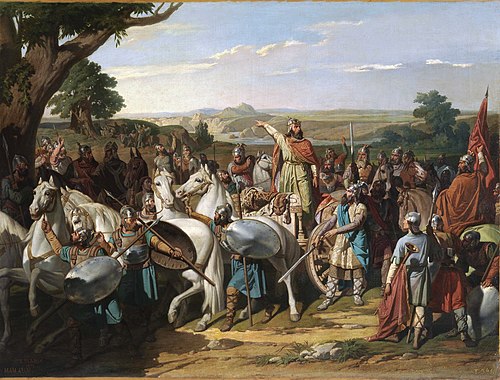 El rey Don Rodrigo arengando a sus tropas en la batalla de Guadalete, de Bernardo Blanco, 1871 (Museo del Prado, Madrid)
