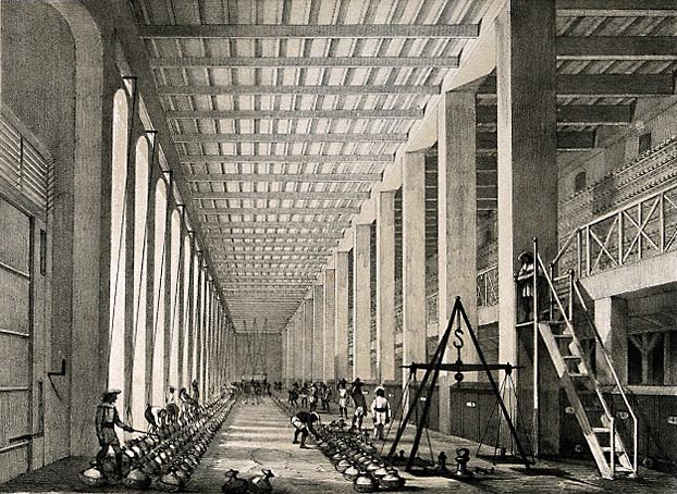 SALA DE EXAMEN, FACTORÍA DE OPIO, EN PATNA, INDIA Litografía de W. S. Sherwill, ca. 1850 WELLCOME IMAGES