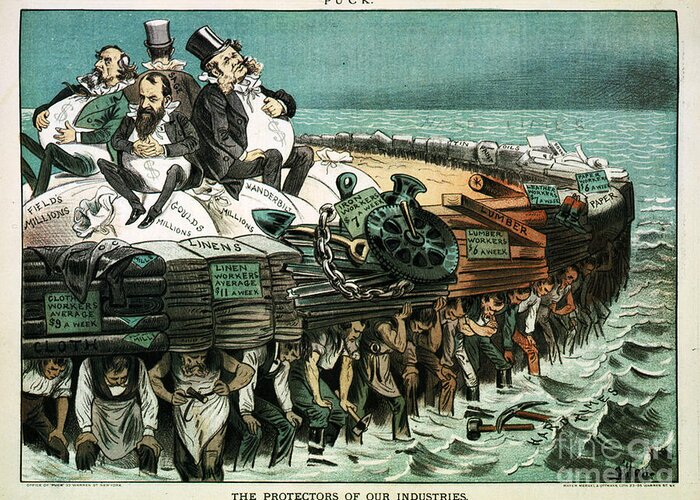 BARONES LADRONES Caricatura que muestra a Cyrus West Field, Jay Gould, Cornelius Vanderbilt y Russell Sage, sentados en bolsas de "millones", en una gran balsa pesada transportada por los trabajadores Wikipedia