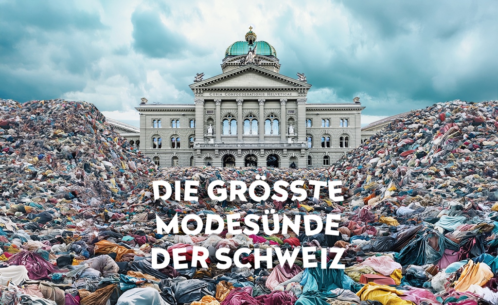 La Casa de Gobierno en Berna, Suiza cubierta por desechos textiles. Gráfico de denuncia de Public Eye