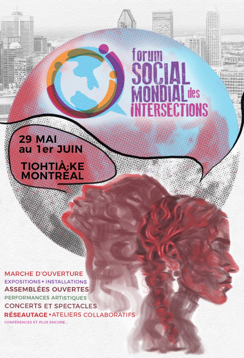 Afiche del Foro Social Mundial de las Intersecciones convocado en Montreal, Canadá y que subraya la necesidad de fortalecer las confluencias de todos los sectores discriminados del planeta.