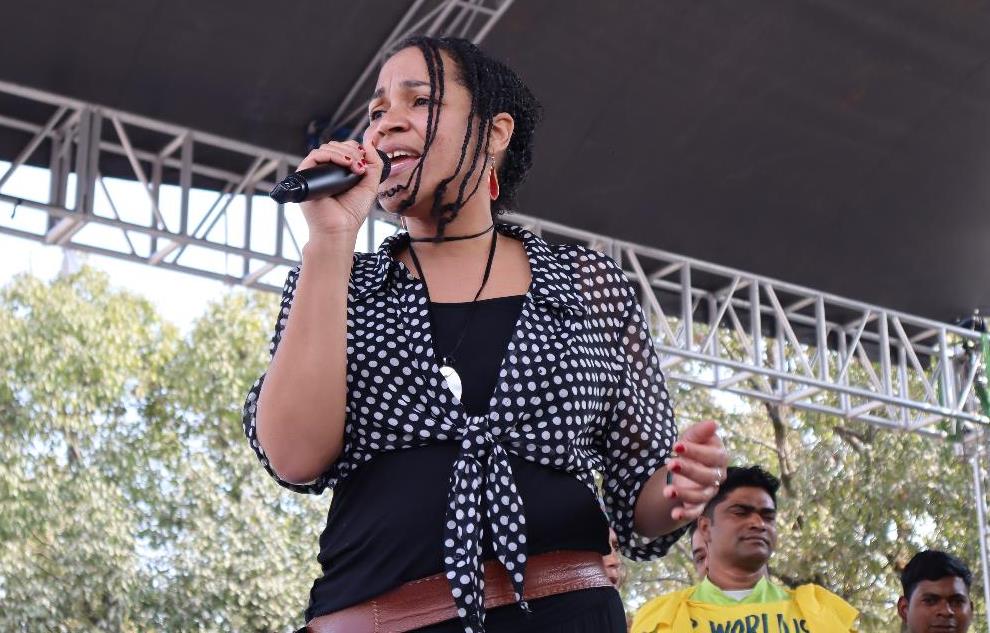 Carminda Mac Lorin en el FSM de Nepal en febrero 2024, el último evento presencial de este tipo que contó con cerca de 50 mil participantes. Foto Luna Choquette Loranger