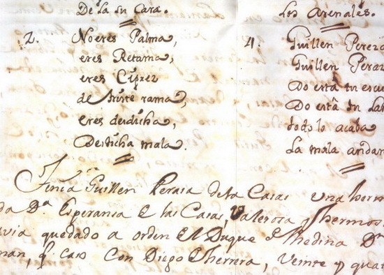 Manuscrito de la obra de Abreu Galindo donde aparecen las Endechas a la muerte de Guillén Peraza. bienmesabe.org