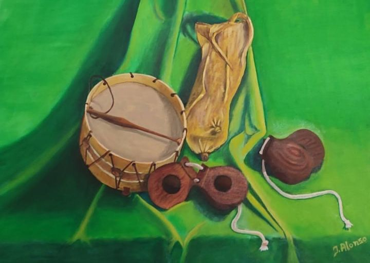 TAMBOR, ZURRÓN Y CHÁCARAS, ÓLEO DE JUAN ALONSO