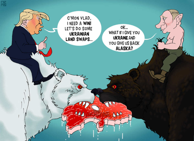 TRUMP PUTIN NEMO Caricatura de NEMO 

Vamos, Vlad. Necesito ganar. Hagamos intercambios de tierras en Ucrania.

Ok ¿Qué tal si te doy Ucrania y tú nos devuelves Alaska?