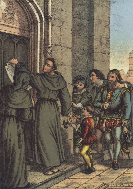 Lutero clavando sus tesis en la puerta de la iglesia del castillo de Wittenberg MEISTERDRUCKE