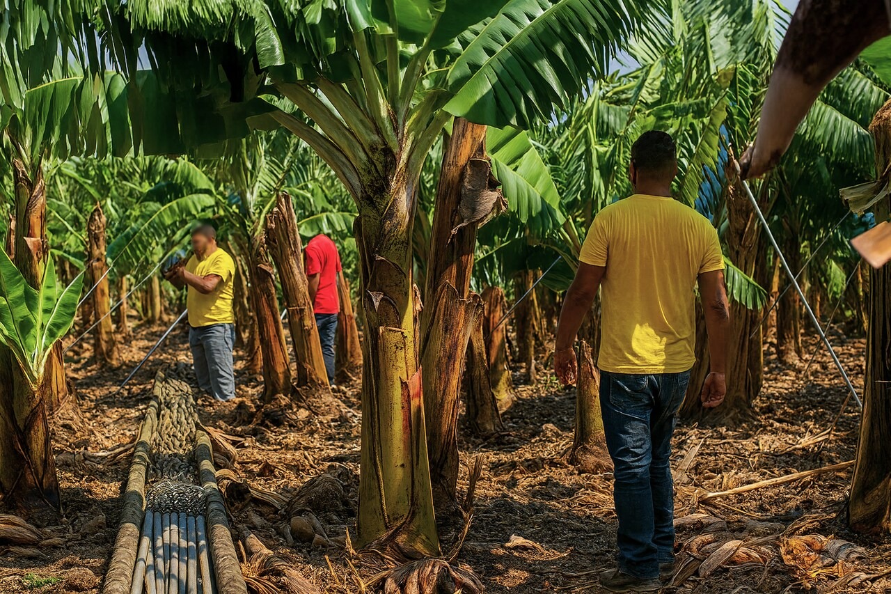 agricultores plataneros en una finca de plátano de Canarias