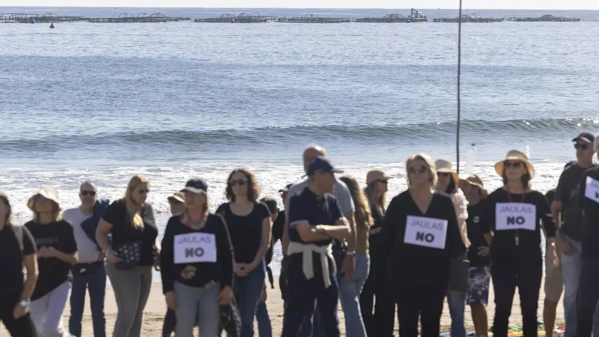 Cadena humana contra las jaulas marinas en Telde y, de fondo, las instalaciones de Aquanaria frente a la playa de Melenara Efe CANARIAS AHORA