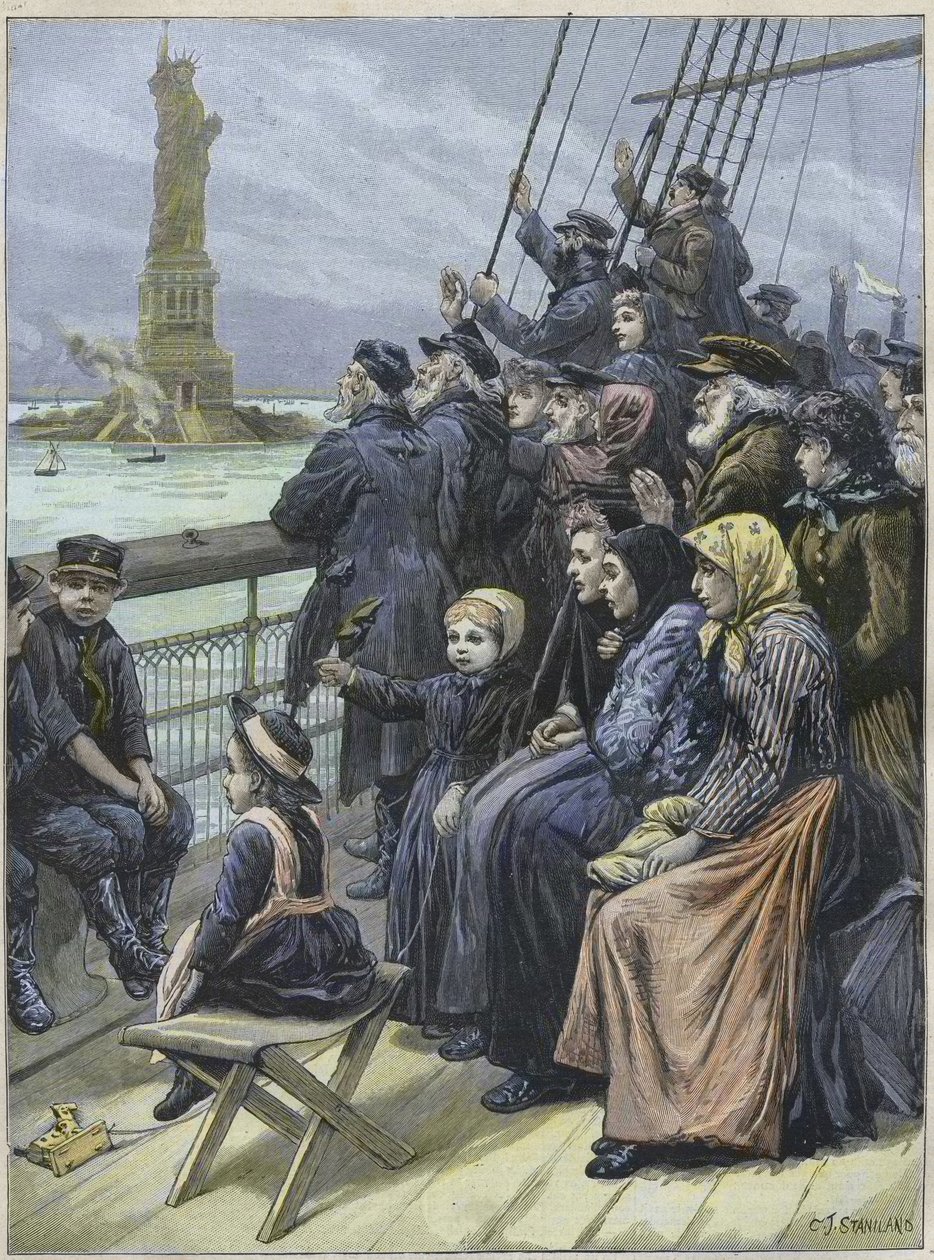 Inmigrantes judíos llegando a Nueva York, EE.UU. en 1892 -  Grabado por Charles Joseph Staniland