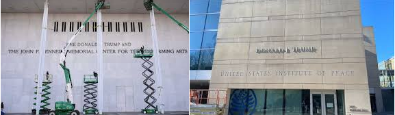 PEGOTES CON EL NOMBRE DE TRUMP EN EL KENNEDY CENTER Y PEACE INSTITUTE
