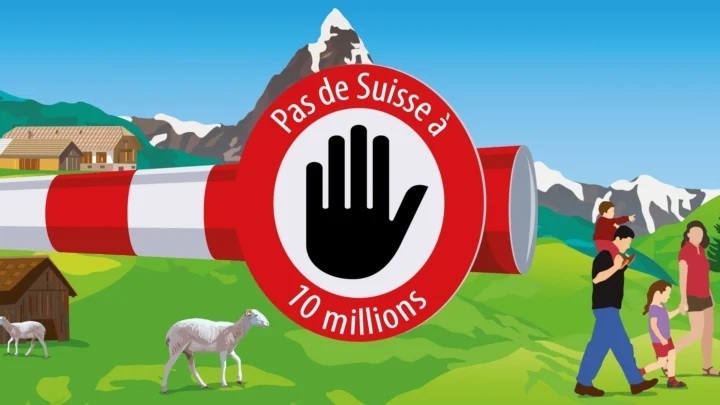 Un afiche de la Iniciativa conservadora de ultra derecha  No más de 10 millones. Contrasta el orden  y la tranquiladad de Suiza con  la llegada de inmigrantes (1)