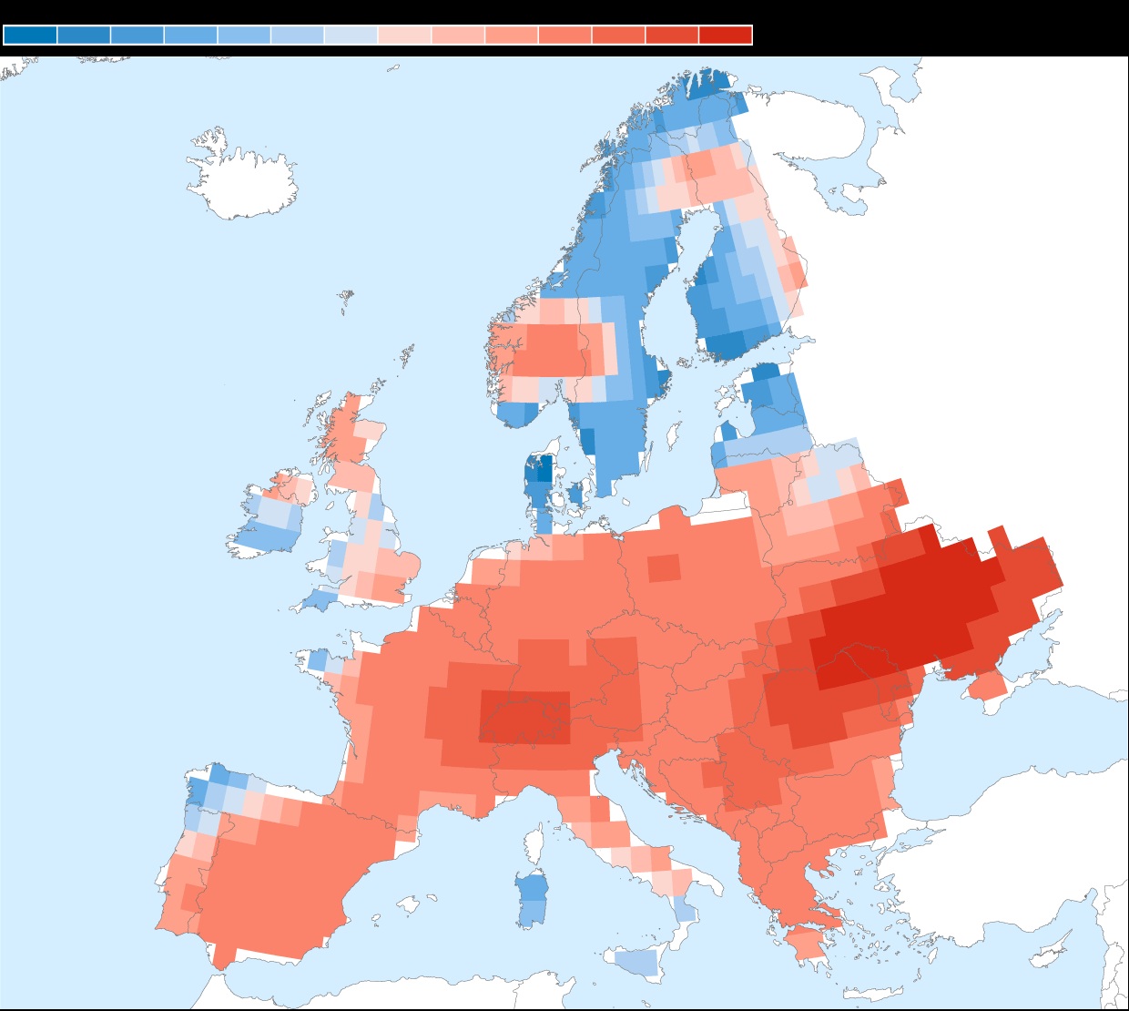 Mapa que muestra la tendencia hacia temperaturas más cálidas y sequías en Europa.
