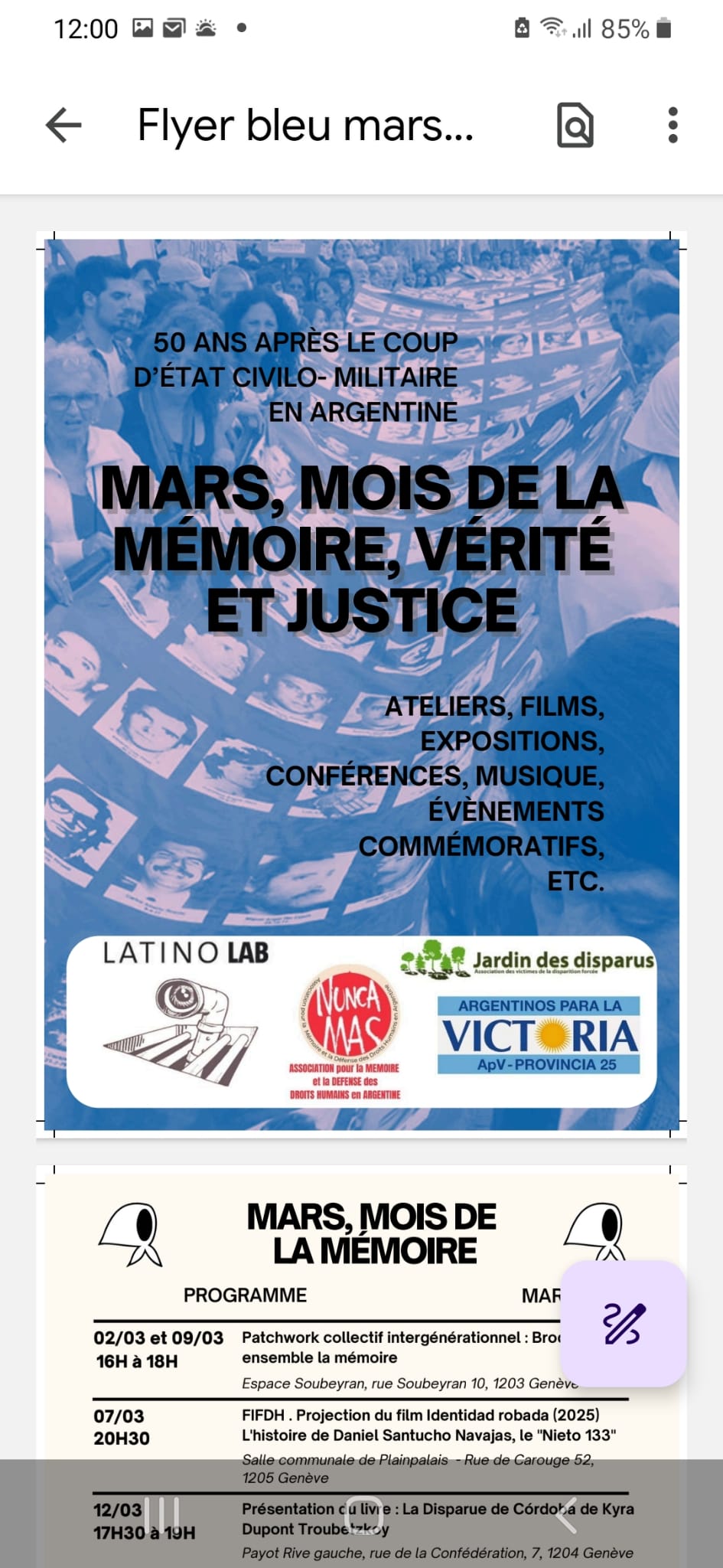 Afiche de las actividades de solidaridad en marzo 2026  en Suiza