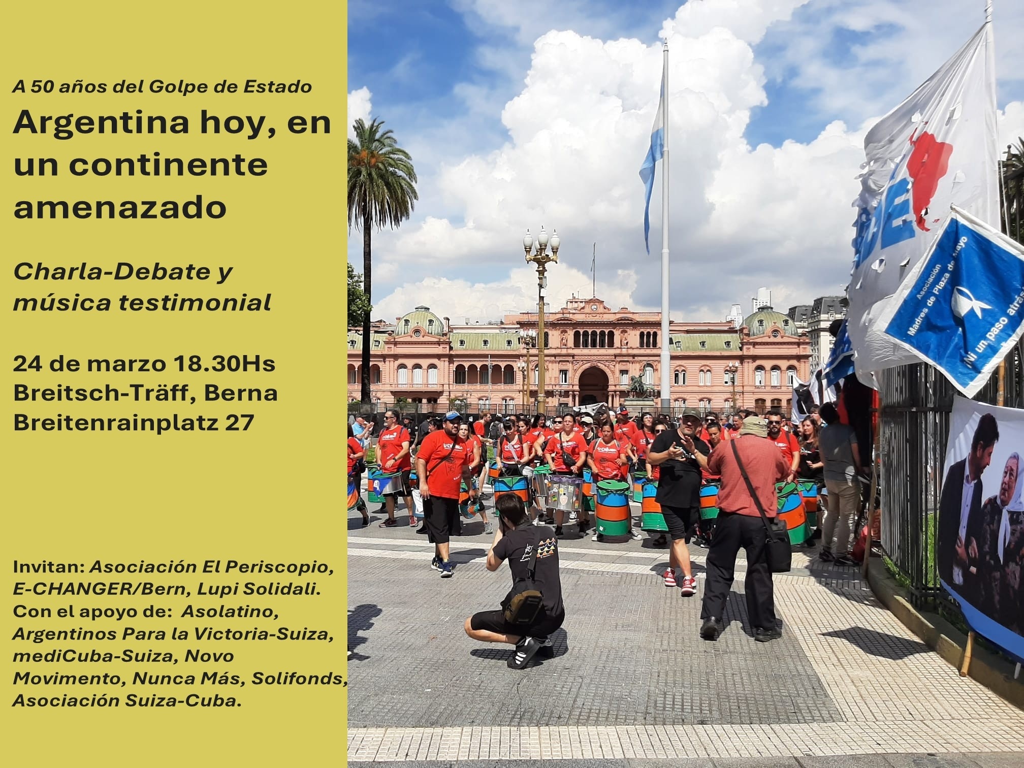 Flyer de la actividad por el 24 de marzo de 2026 en la ciudad de Berna, capital de Suiza. Foto Sergo Ferrari
