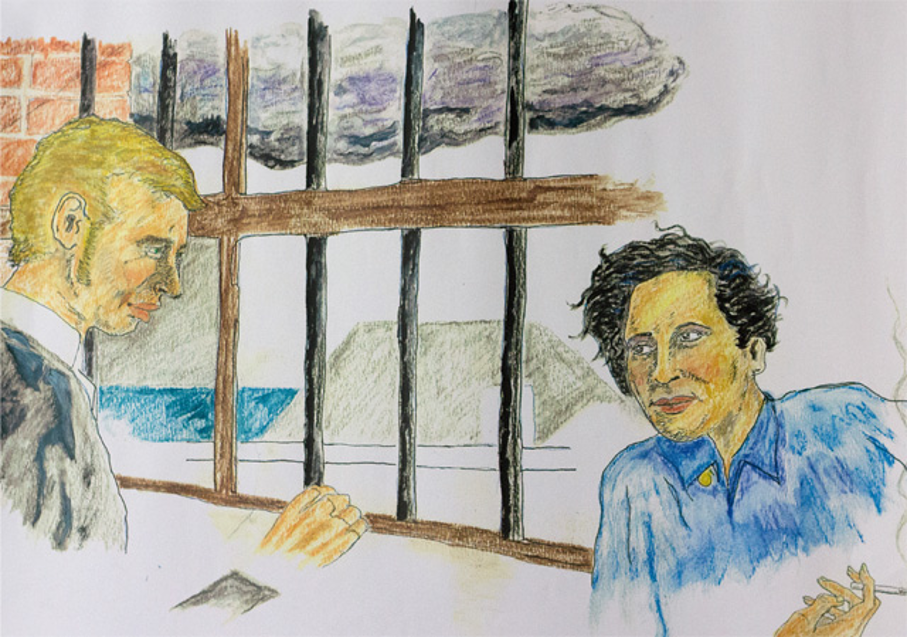 Emilio Díaz Miranda en carcel de Carabanchel y Hannah Arendt, dibujo de Emilio Díaz