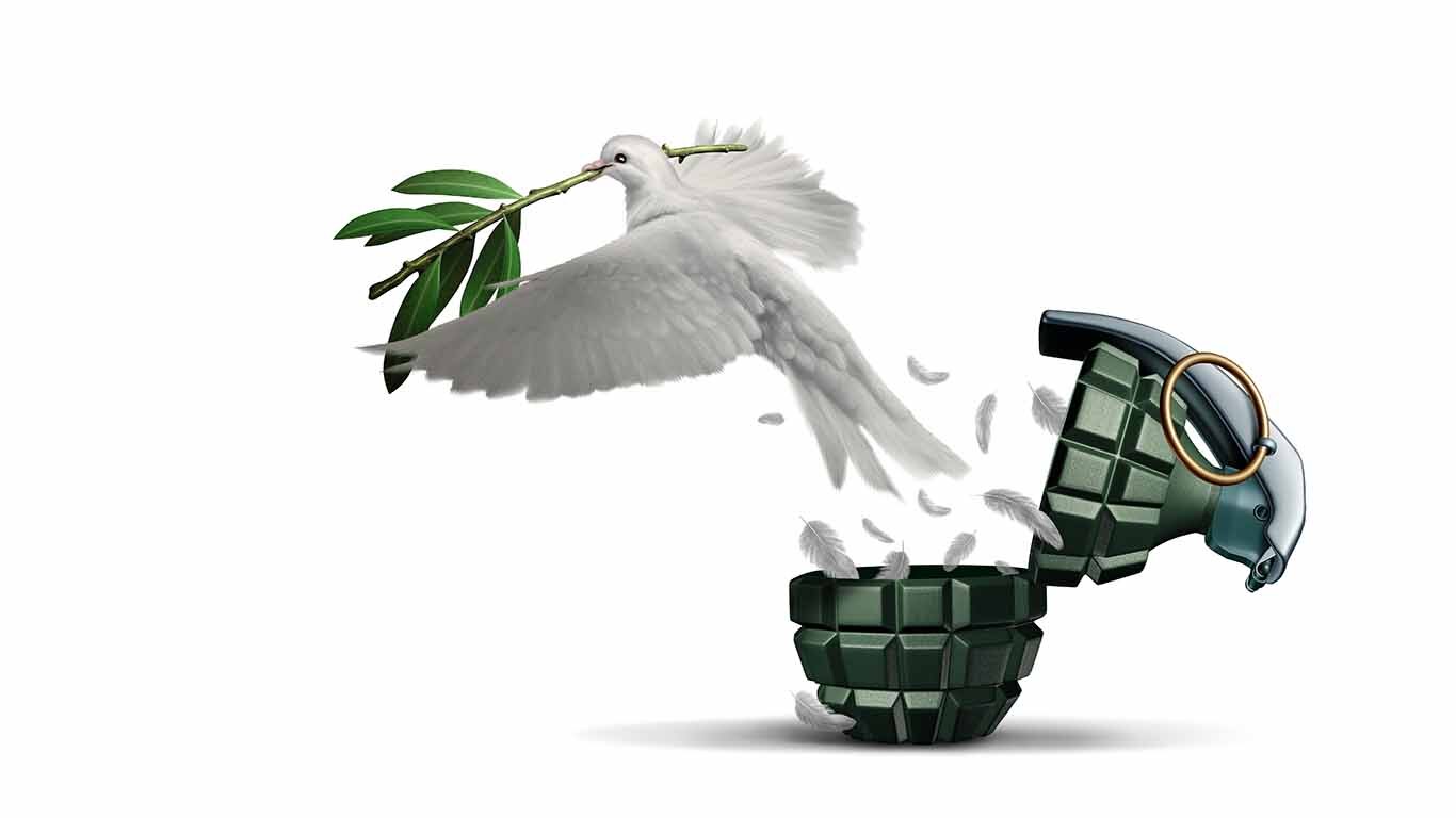 End the war concept as a grenade weapon and flowers as a symbol for peace and hope as an unexploded bomb or disarmed explosive device with 3D illustration elements.