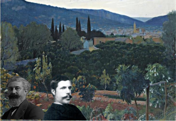 SANTIAGO RUSIÑOL Y LUIS FERNANDO DE AUSTRIA, SOBRE UN PAISAJE MALLORQUÍN DE RUSIÑOL