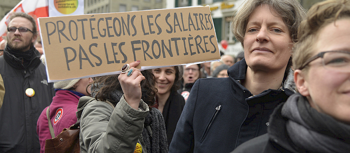 Protejamos los salarios no las fronteras. Manifestación sidical contra la Iniciativa de los 10  millones. Foto Eric Roset.SSP
